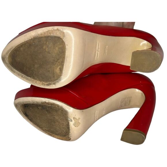 MIU MIU RED PUMPS PATENT LEATHER PEEP TOE BLOCK HIGH HEEL SHOES WOMEN EU 38.5 - Picture 7 of 10